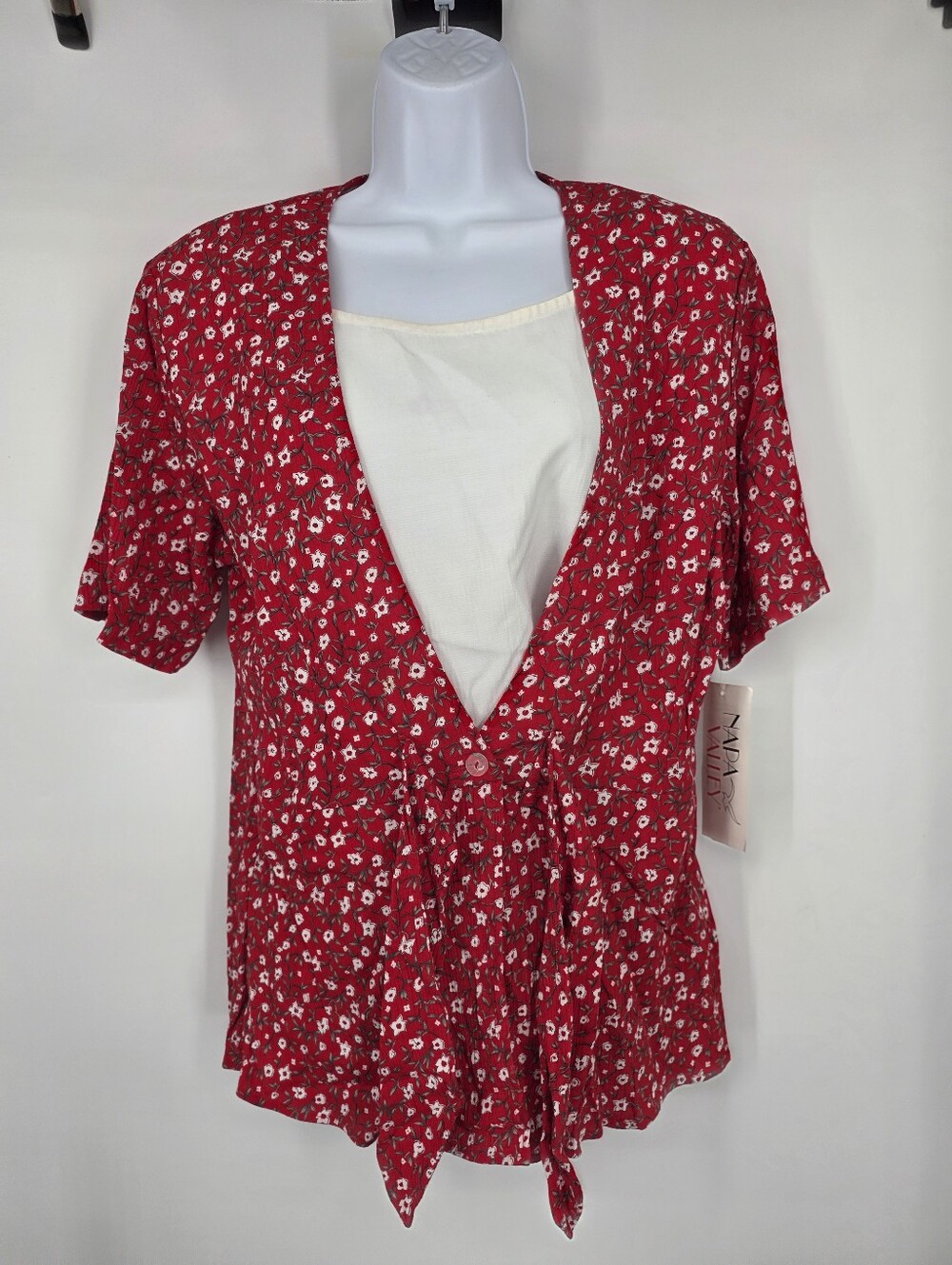 Vintage Napa Valley Blouse Small Red Floral Cottagecore 2-in-1 Mock Layer Tie Fr